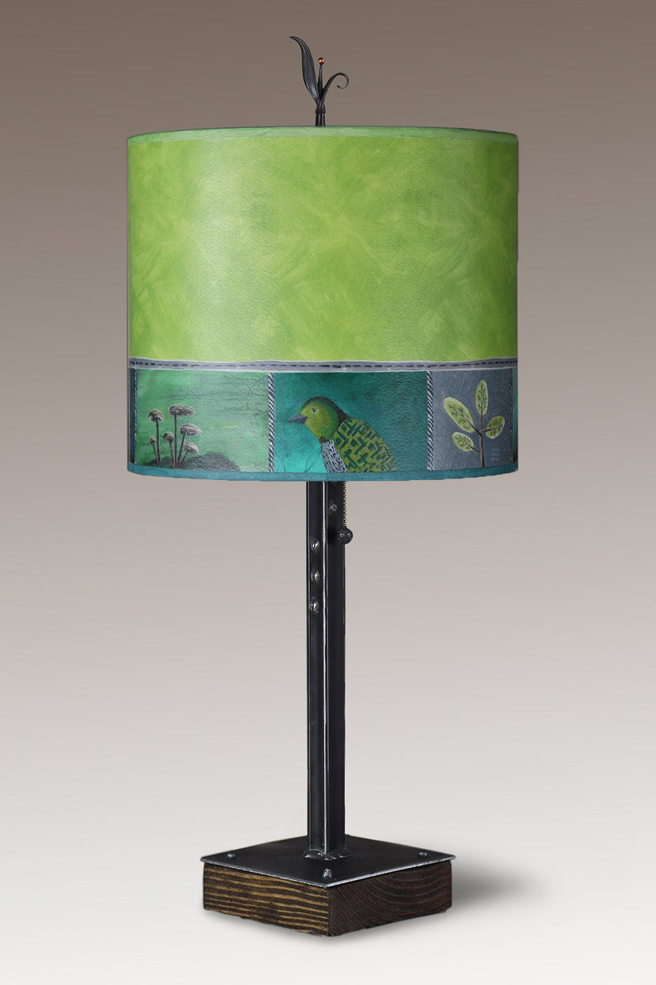 Steel Table Lamp on Wood with Large Oval Shade in Woodland Trails in Leaf
