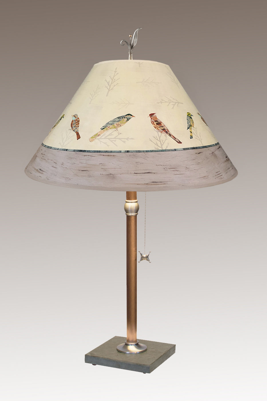 Copper Table Lamp with Large Conical Shade in Bird Friends