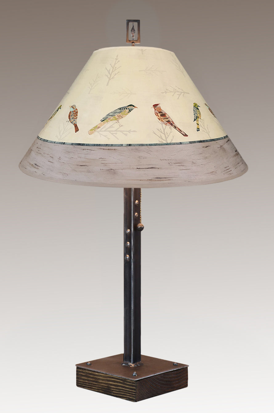 Steel Table Lamp on Wood with Large Conical Shade in Bird Friends
