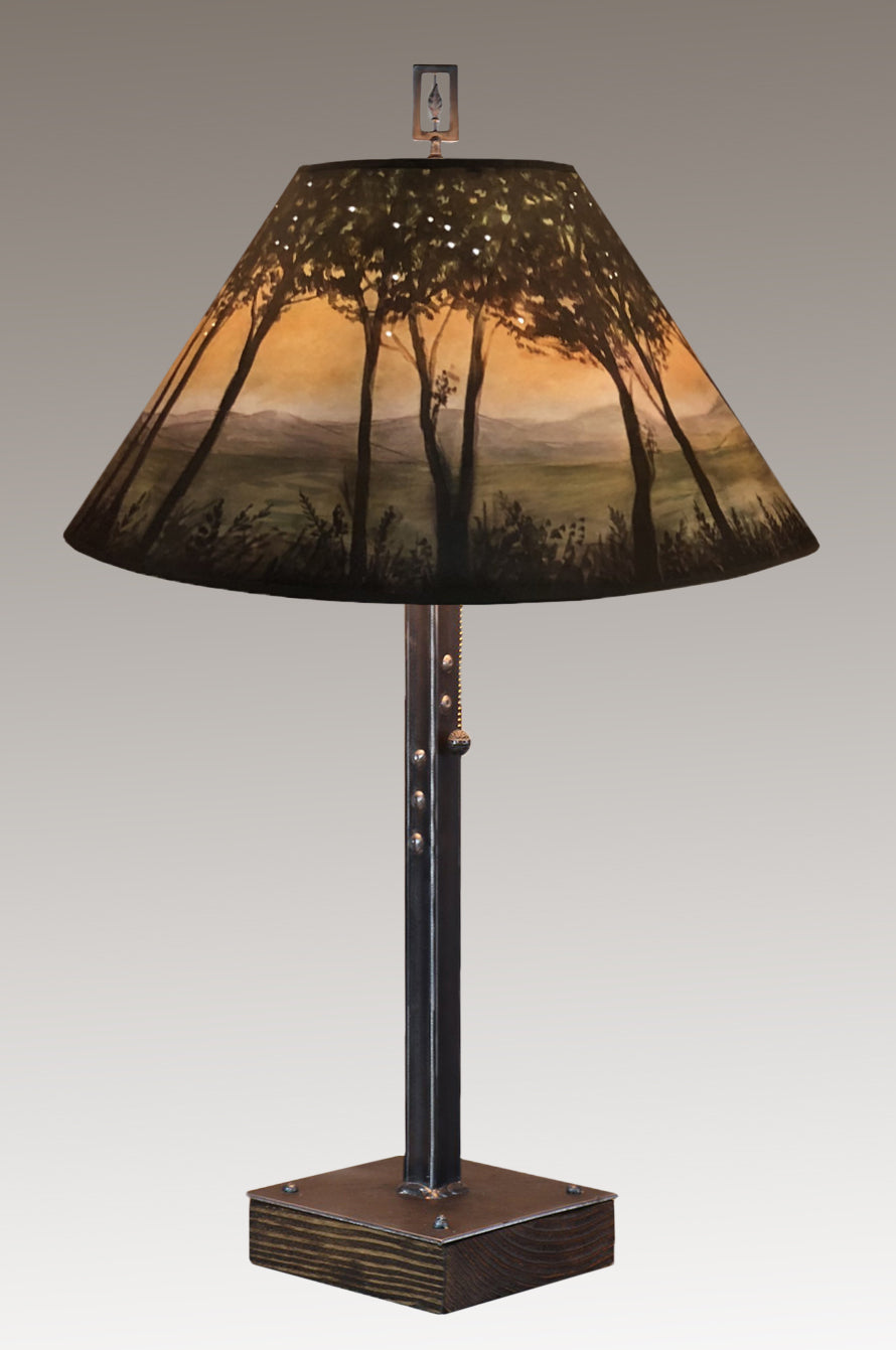 Steel Table Lamp on Wood with Large Conical Shade in Dawn