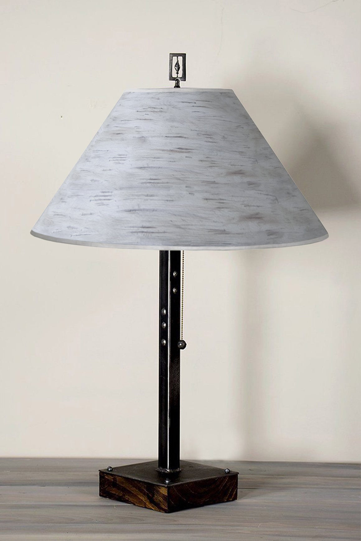 Steel Table Lamp on Wood with Large Conical Shade in Simply Birch