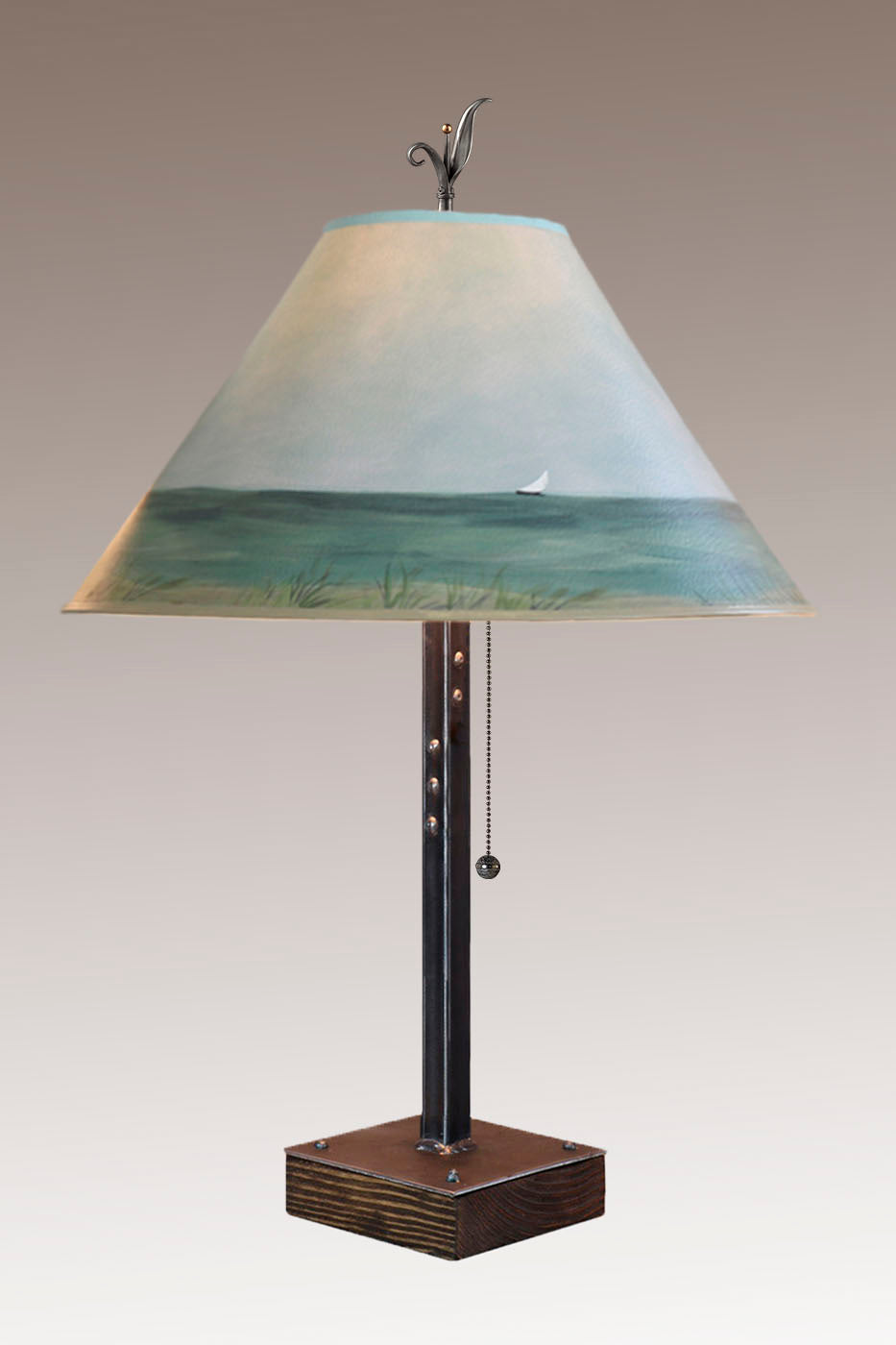 Steel Table Lamp on Wood with Large Conical Shade in Shore