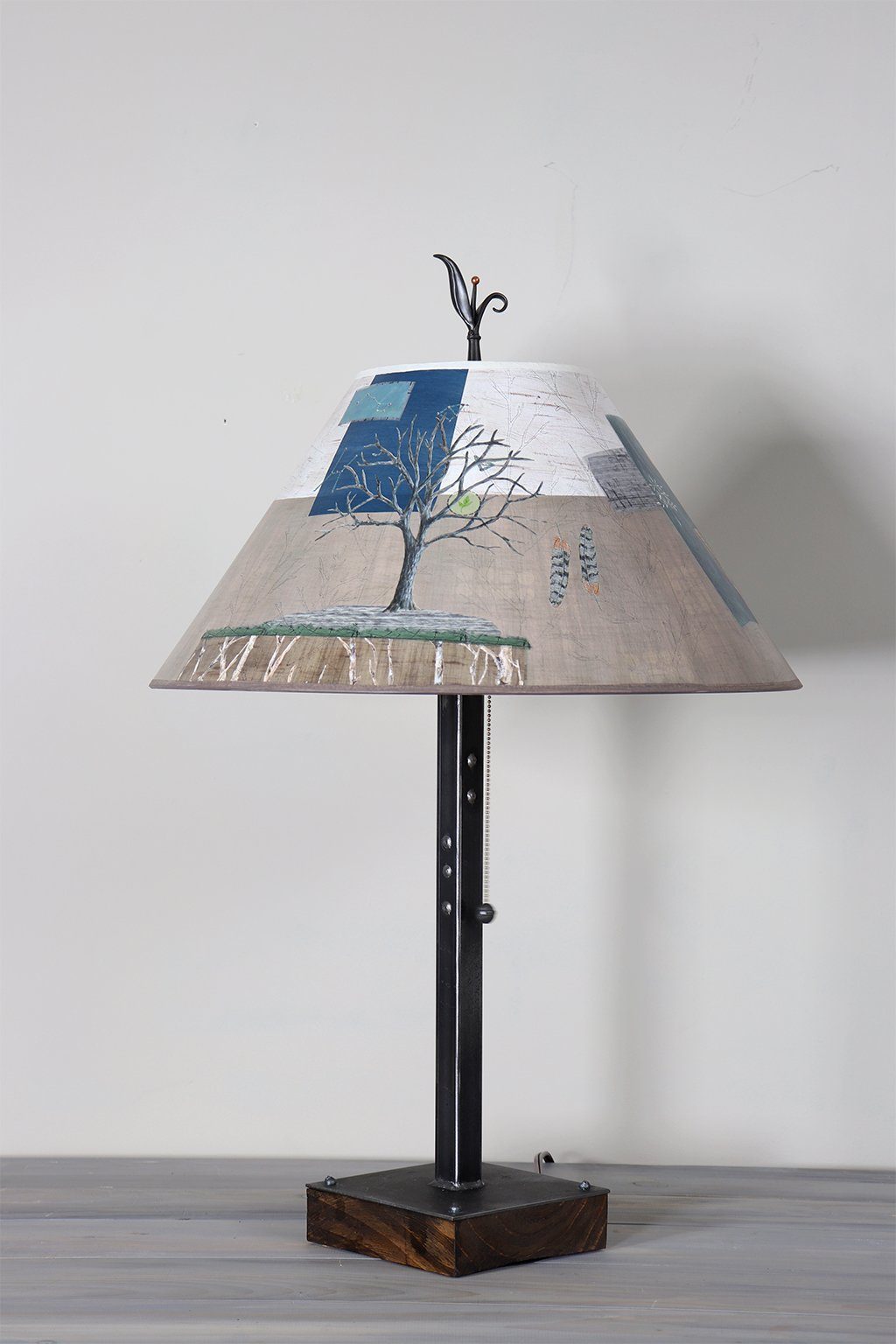 Steel Table Lamp on Wood with Large Conical Shade in Wander in Drift