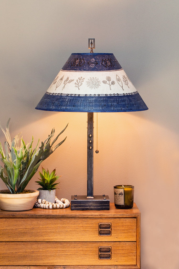 Steel Table Lamp on Wood with Large Conical Shade in Woven & Sprig in Sapphire