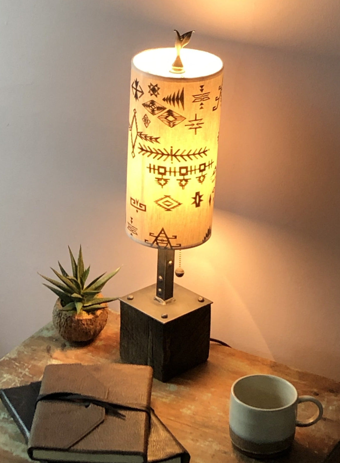 Steel Table Lamp on Reclaimed Wood with Small Tube Shade in Blanket Sketch