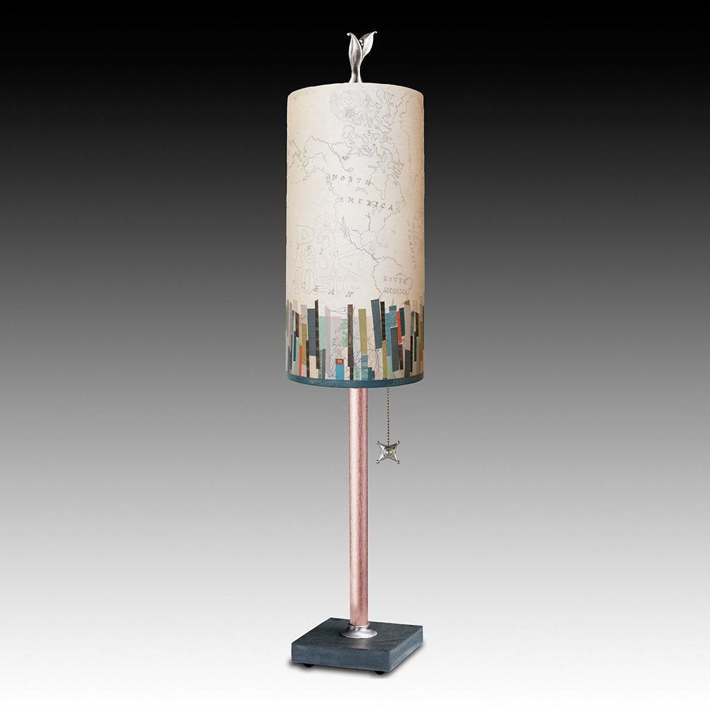 Copper Table Lamp Small Tube Shade in Papers Edge