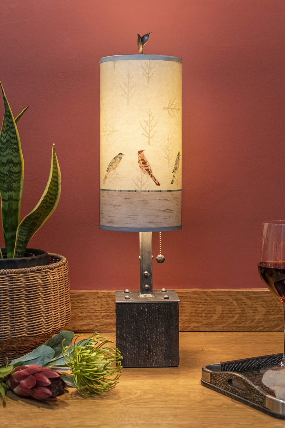 Steel Table Lamp on Reclaimed Wood with Small Tube Shade in Bird Friends