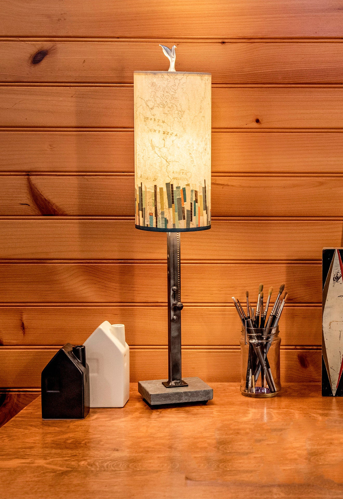Steel Table Lamp with Small Tube Shade in Papers Edge