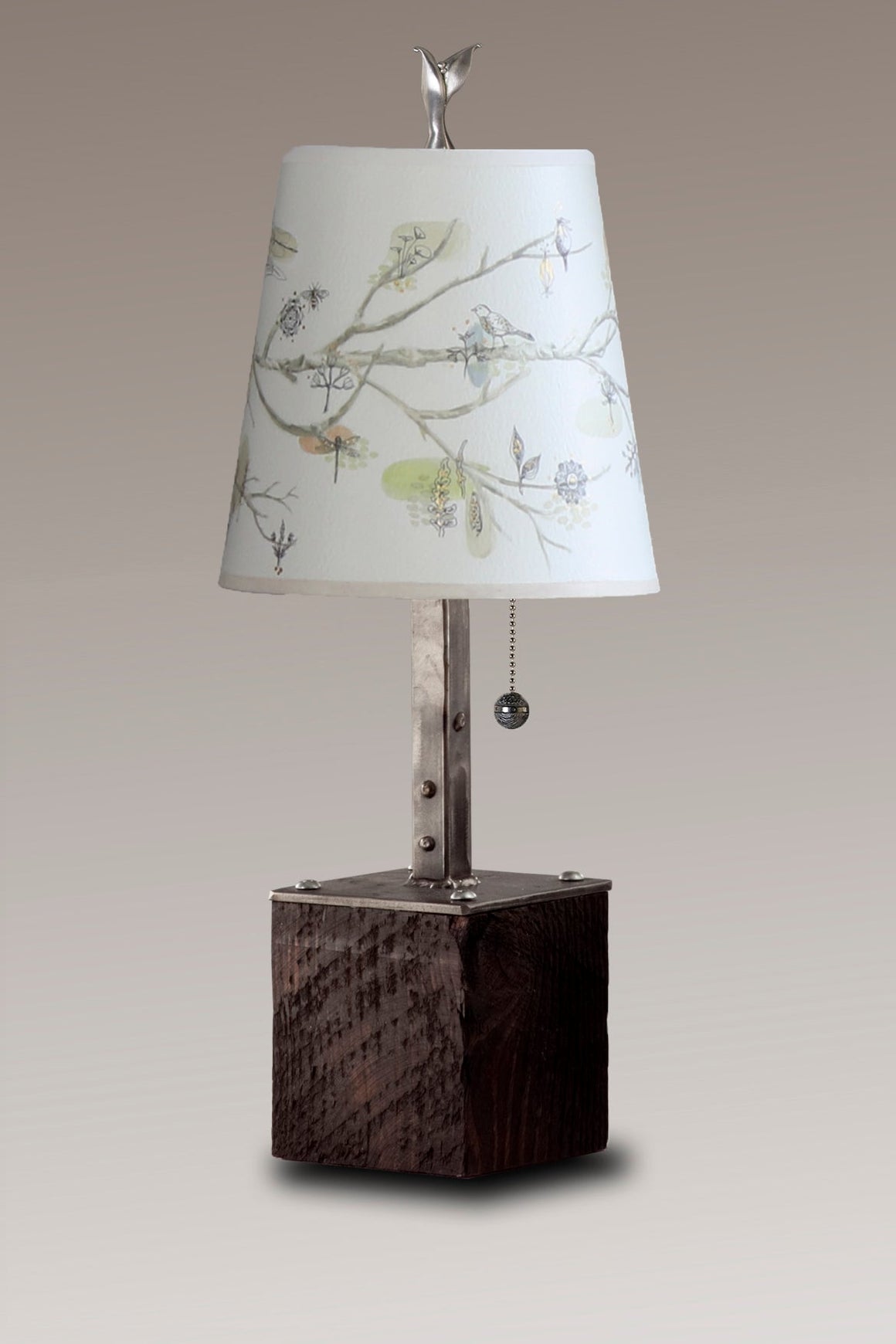 Steel Table Lamp on Reclaimed Wood with Small Drum Shade in Artful Branch