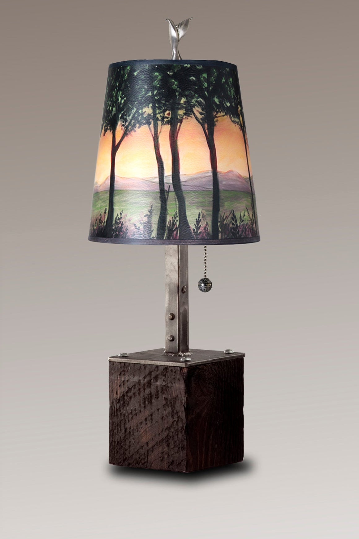 Steel Table Lamp on Reclaimed Wood with Small Drum Shade in Dawn