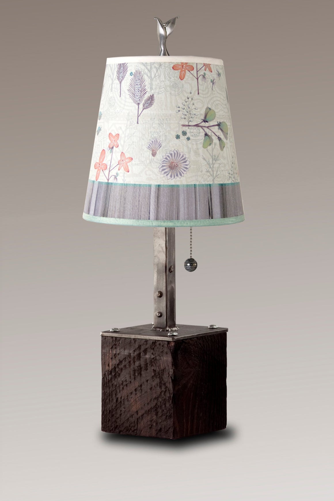 Steel Table Lamp on Reclaimed Wood with Small Drum Shade in Flora & Maze