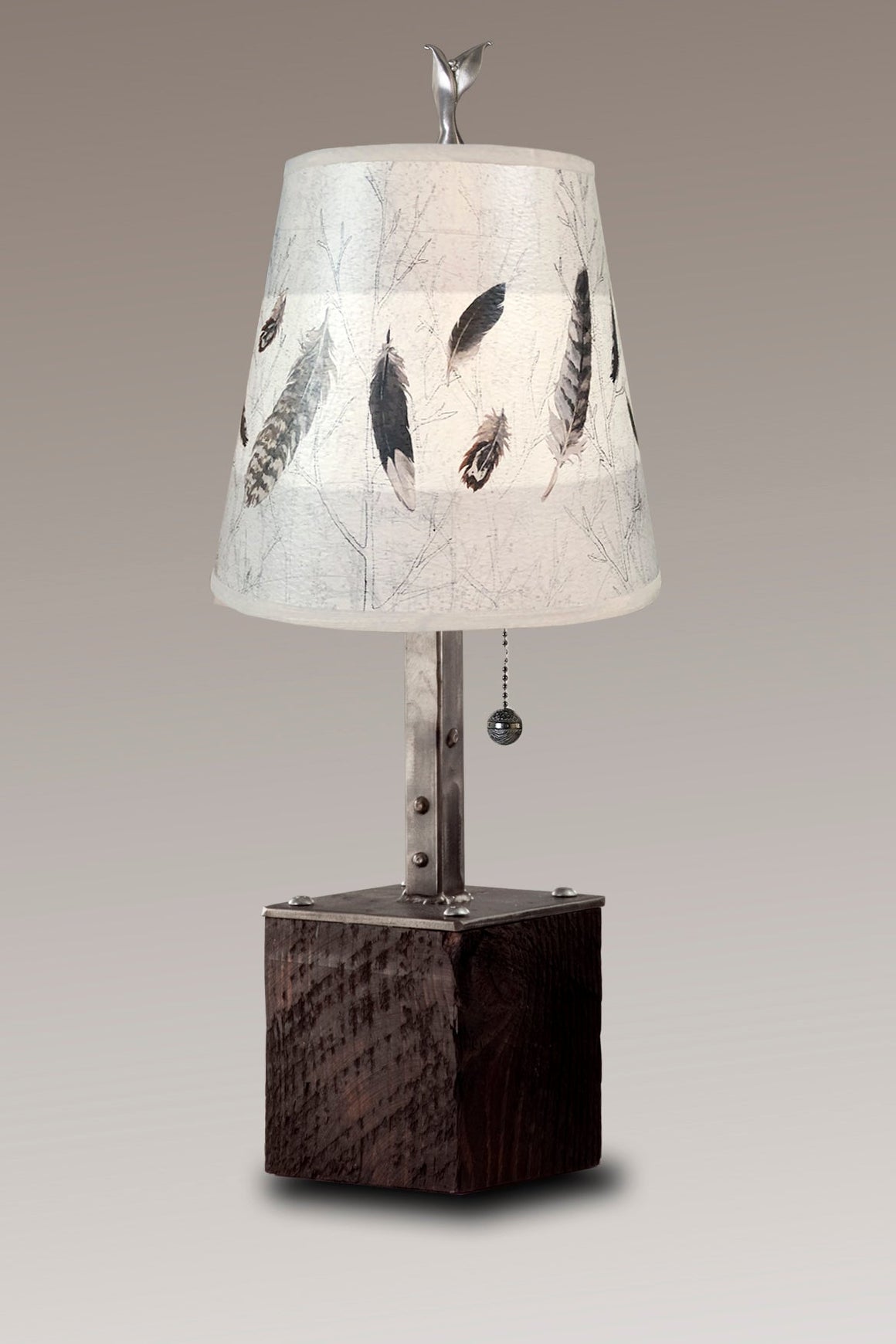 Steel Table Lamp on Reclaimed Wood with Small Drum Shade in Feathers in Pebble