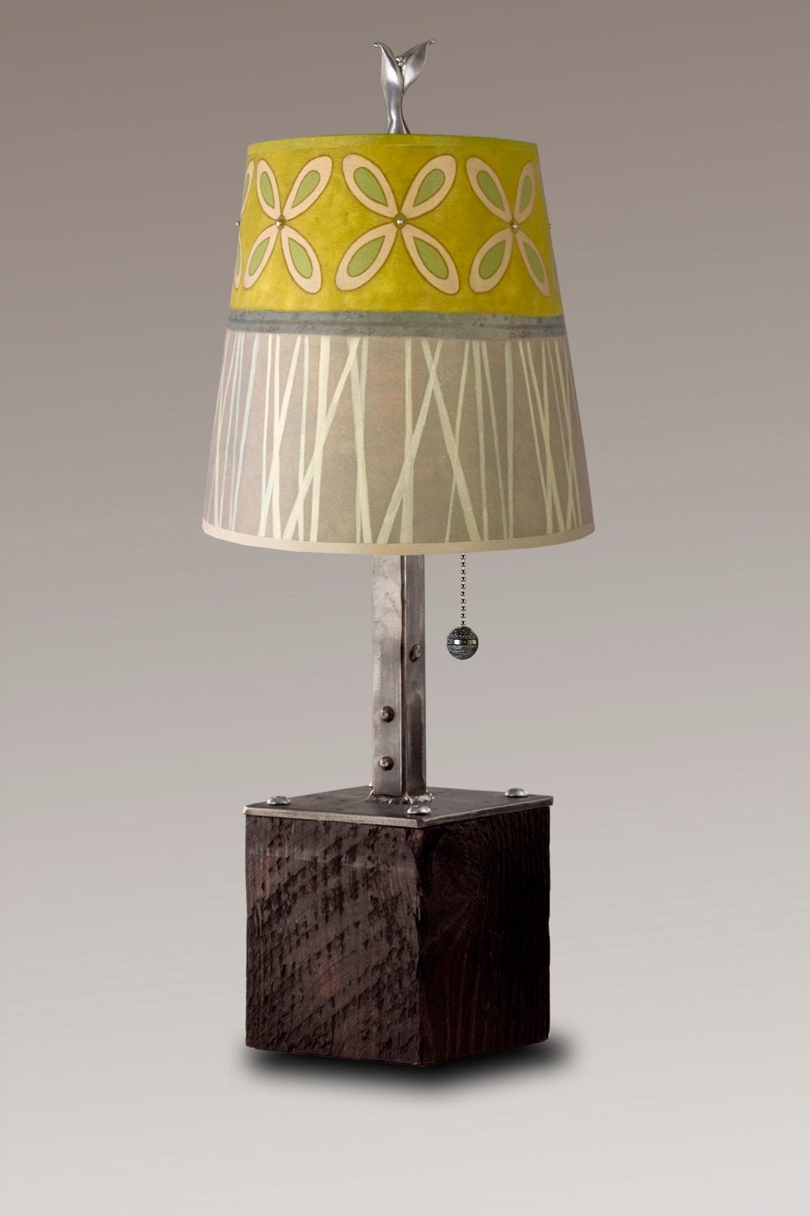Steel Table Lamp on Reclaimed Wood with Small Drum Shade in Kiwi