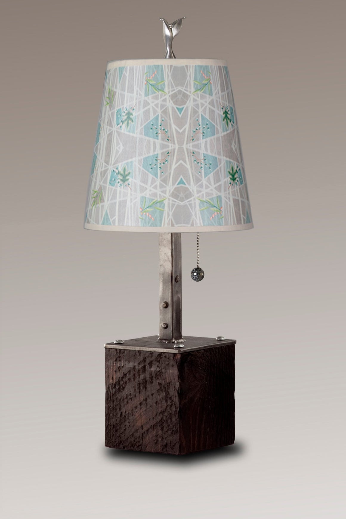Steel Table Lamp on Reclaimed Wood with Small Drum Shade in Prism
