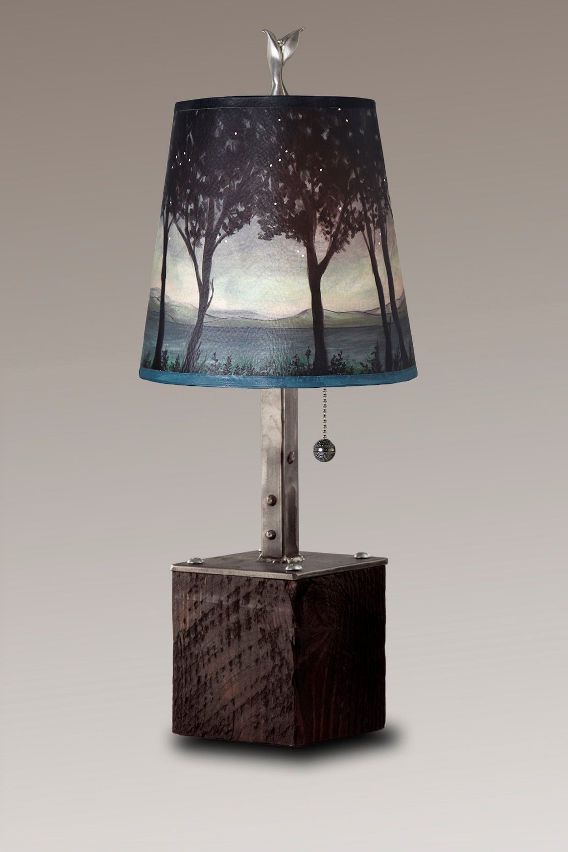 Steel Table Lamp on Reclaimed Wood with Small Drum Shade in Twilight