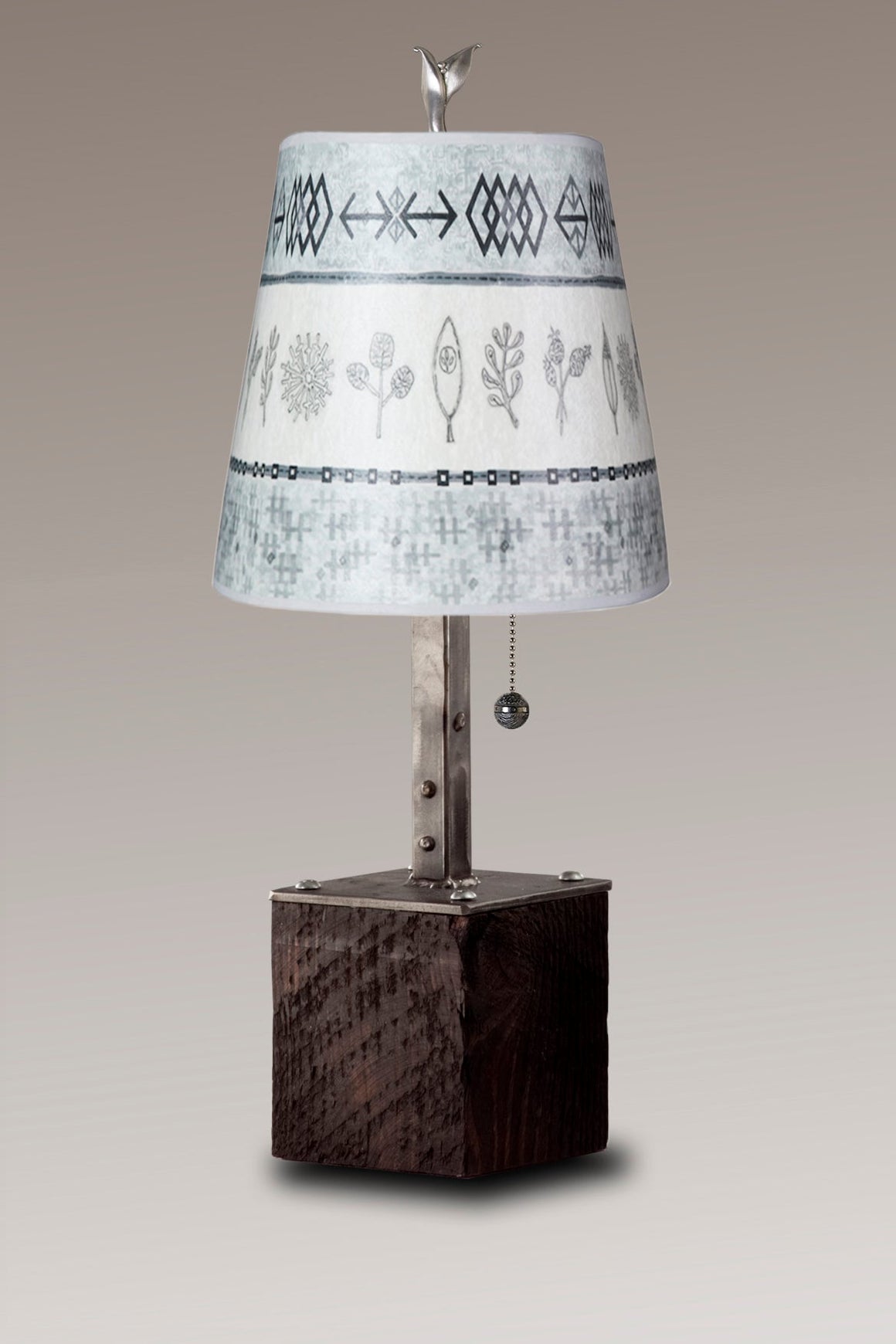 Steel Table Lamp on Reclaimed Wood with Small Drum Shade in Woven & Sprig in Mist