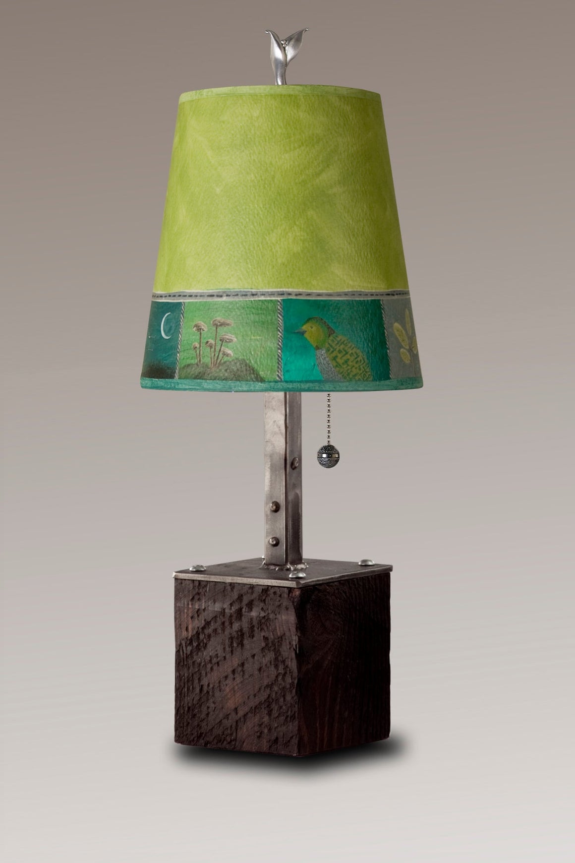 Steel Table Lamp on Reclaimed Wood with Small Drum Shade in Woodland Trails in Leaf