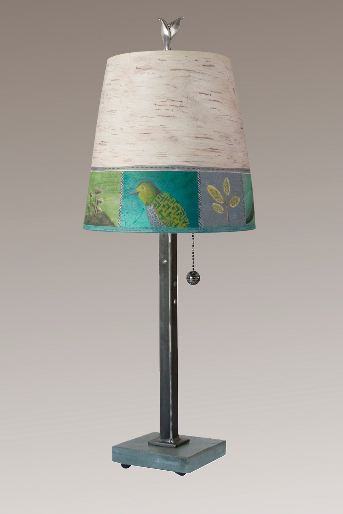 Steel Table Lamp with Small Drum Shade in Woodland Trails in Birch