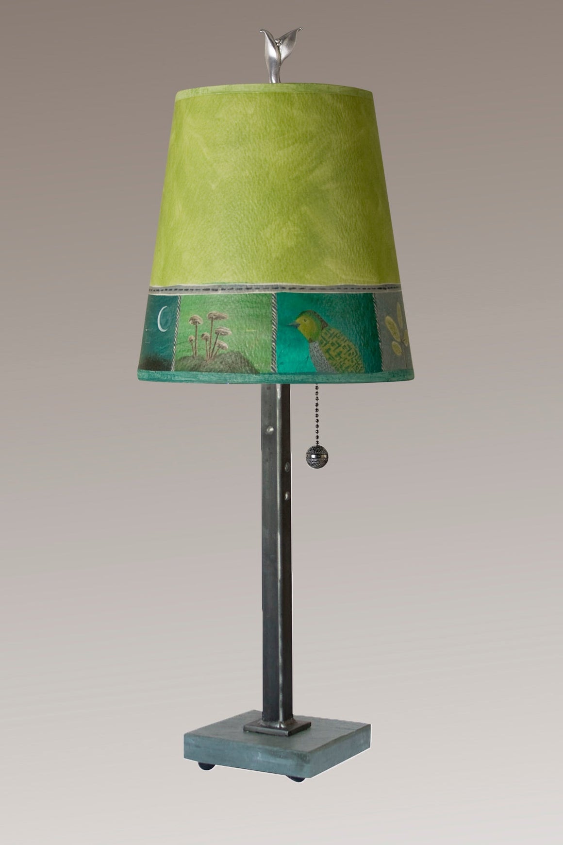 Steel Table Lamp with Small Drum Shade in Woodland Trails in Leaf