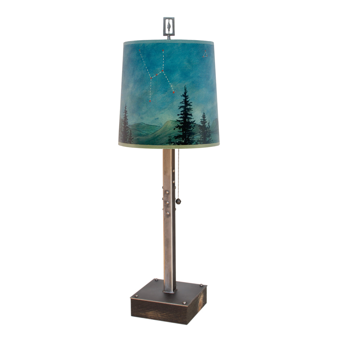 Steel Table Lamp on Wood with Medium Drum Shade in Midnight Sky