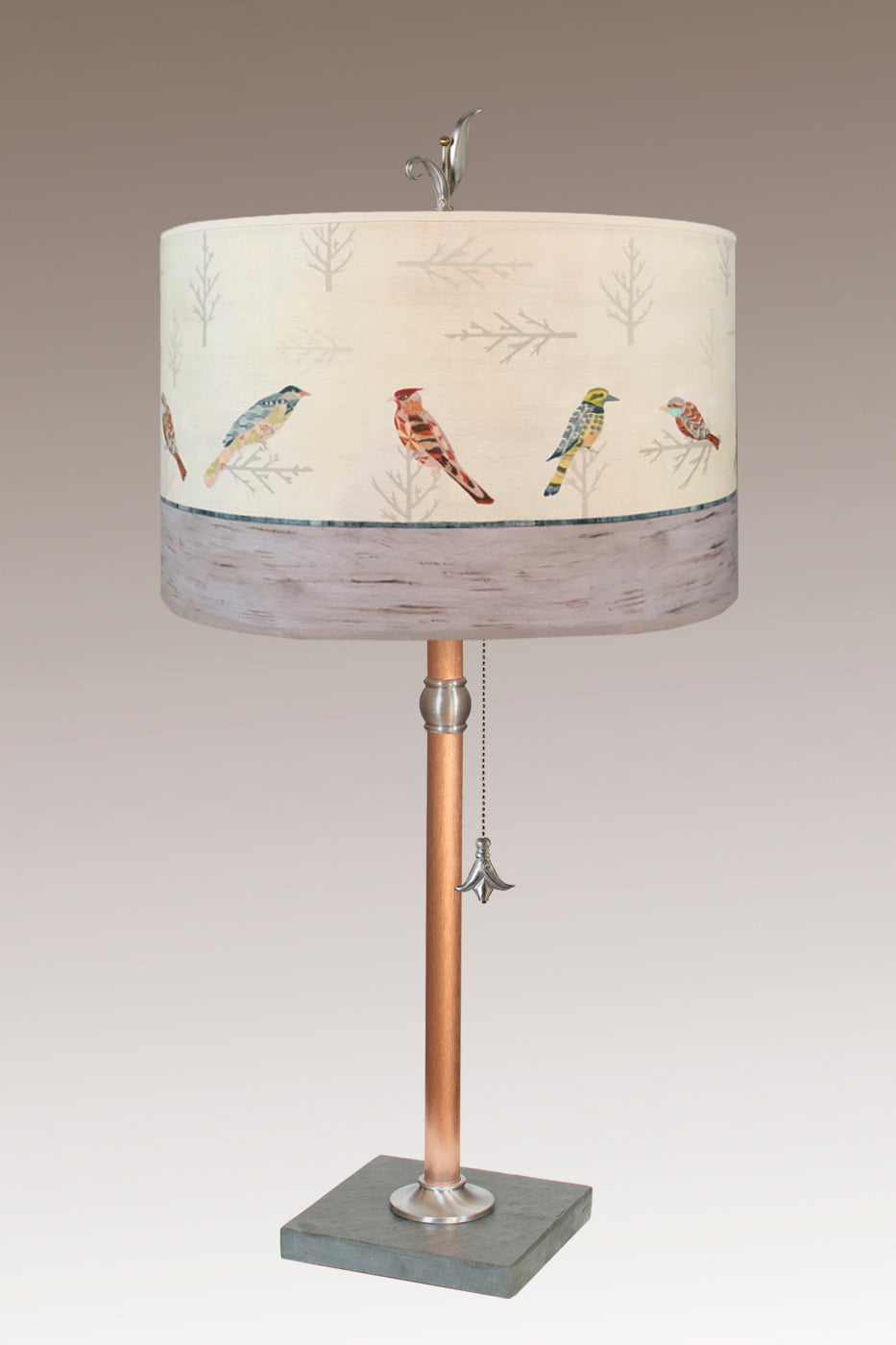 Copper Table Lamp with Large Drum Shade in Bird Friends