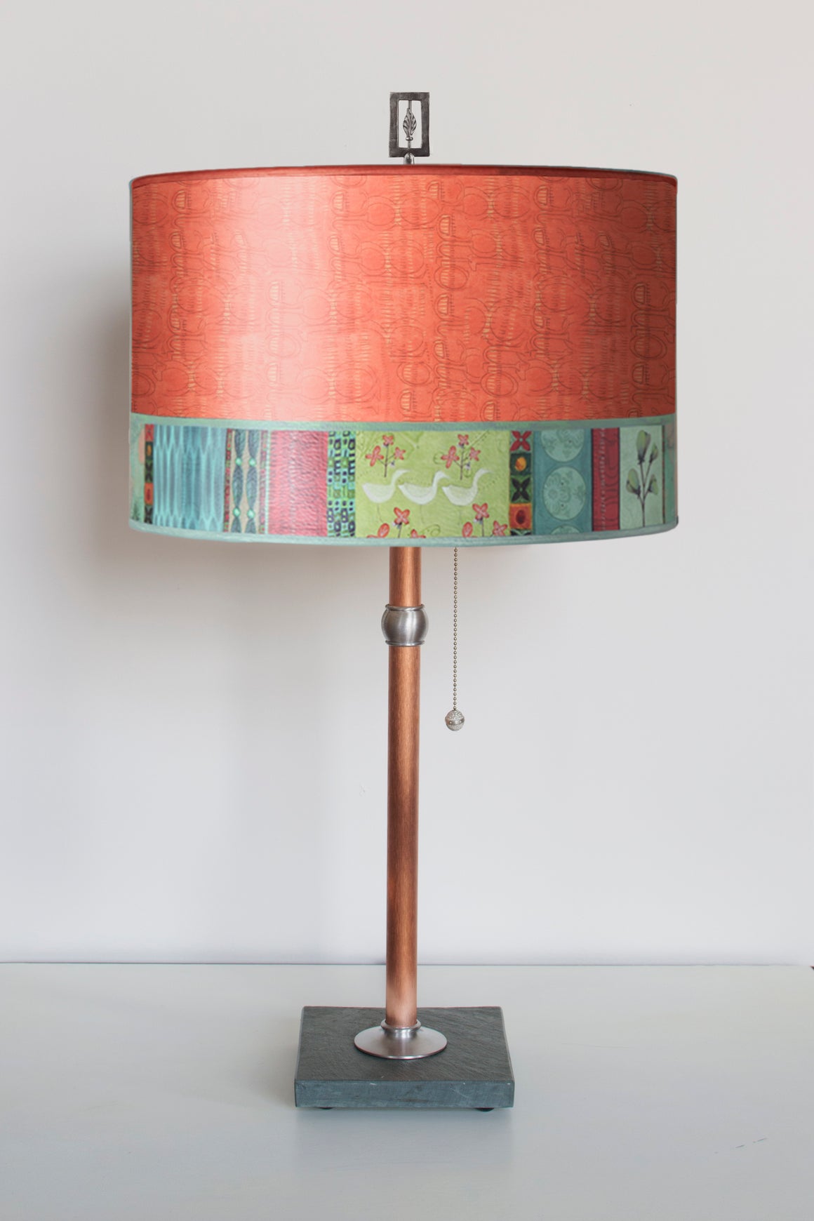 Copper Table Lamp with Large Drum Shade in Melody in Coral