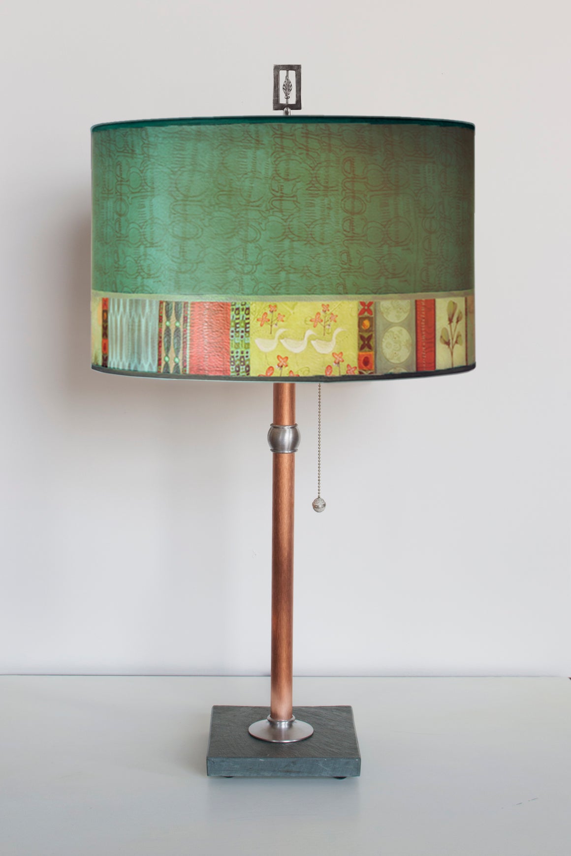 Copper Table Lamp with Large Drum Shade in Melody in Jade