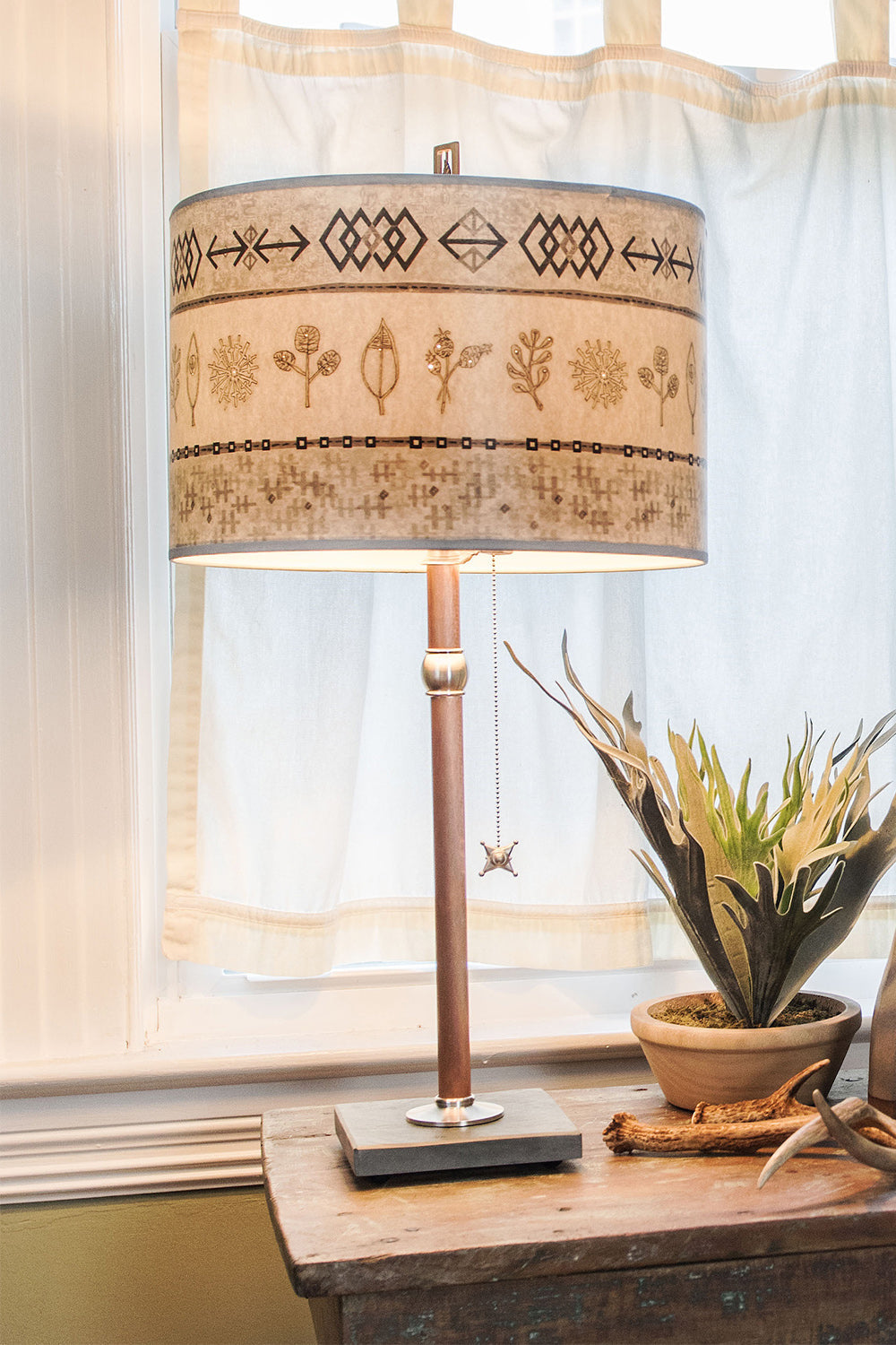 Copper Table Lamp with Large Drum Shade in Woven & Sprig in Mist