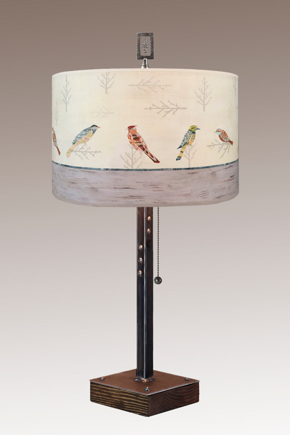 Steel Table Lamp on Wood with Large Drum Shade in Bird Friends