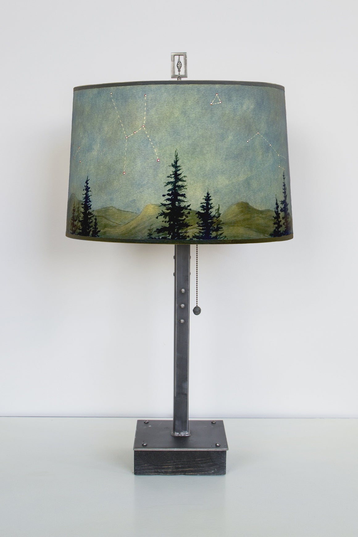 Steel Table Lamp on Wood with Large Drum Shade in Midnight