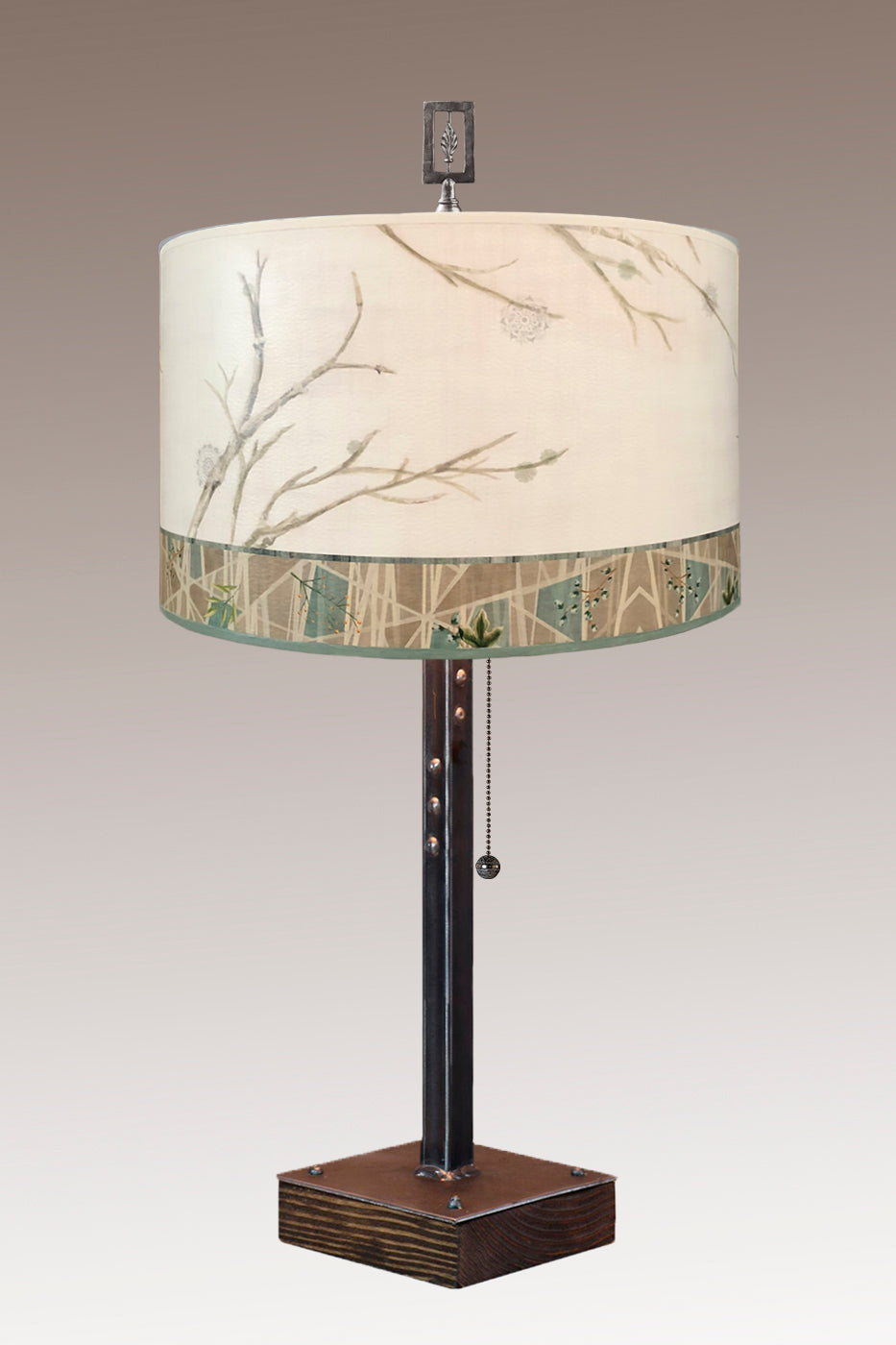 Steel Table Lamp on Wood with Large Drum Shade in Prism Branch