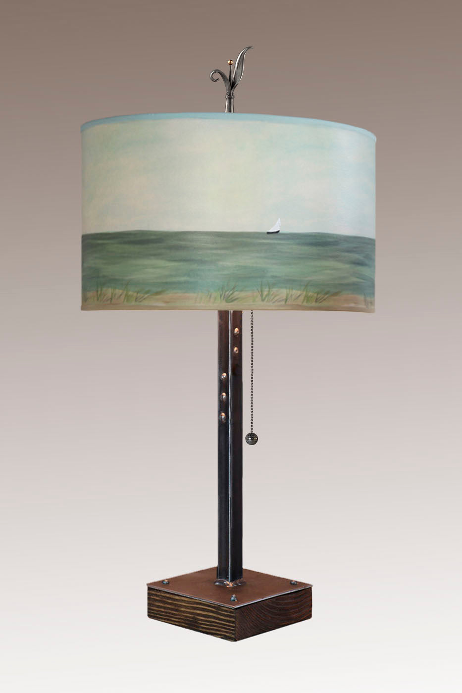 Steel Table Lamp on Wood with Large Drum Shade in Shore