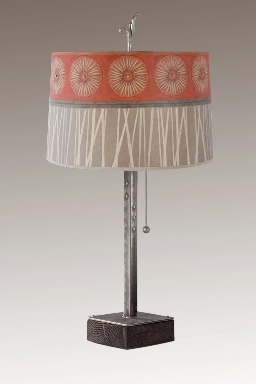 Steel Table Lamp on Wood with Large Drum Shade in Tang