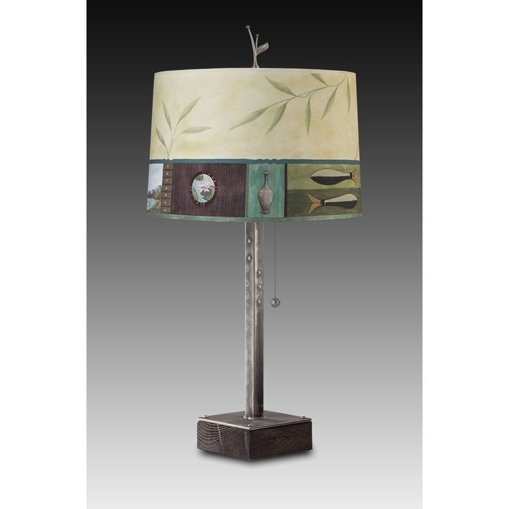 Steel Table Lamp on Wood with Large Drum Shade in Twin Fish