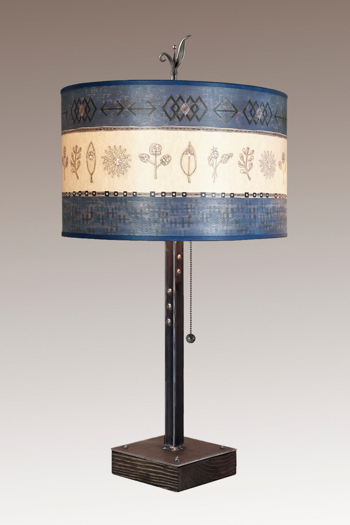 Steel Table Lamp on Wood with Large Drum Shade in Woven & Sprig in Sapphire