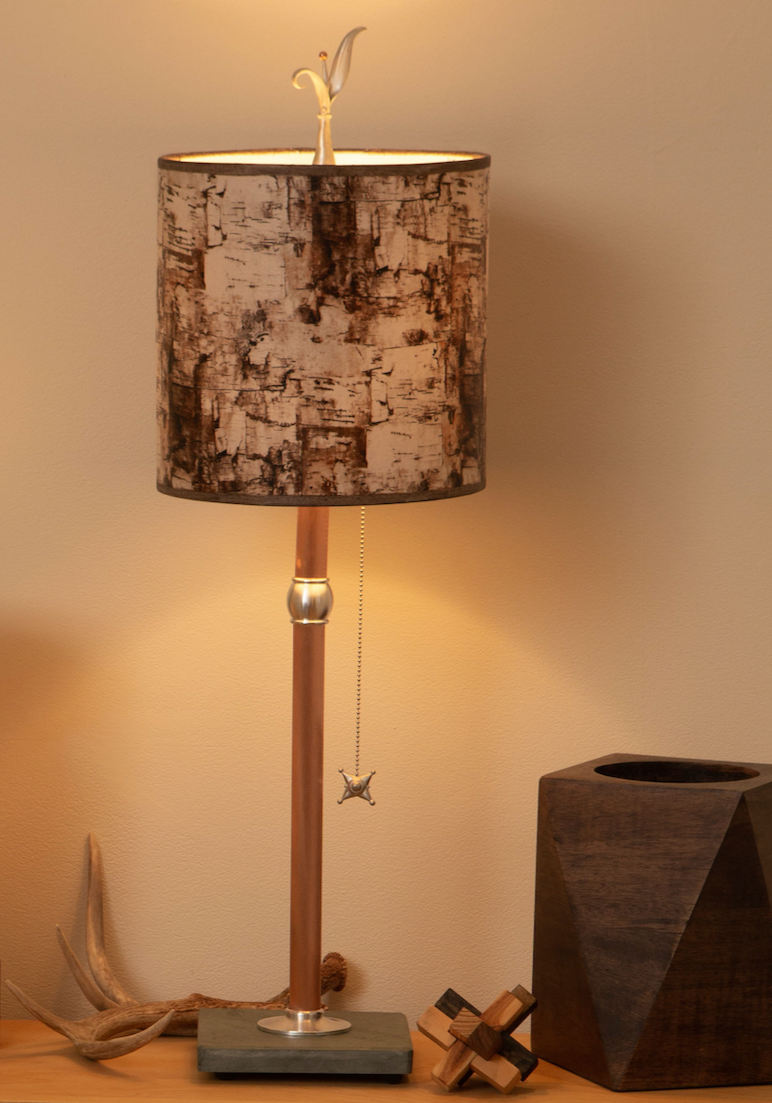 Copper Table Lamp with Medium Drum Shade in Birch Bark