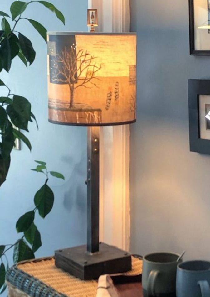 Steel Table Lamp on Wood with Medium Drum Shade in Wander in Drift
