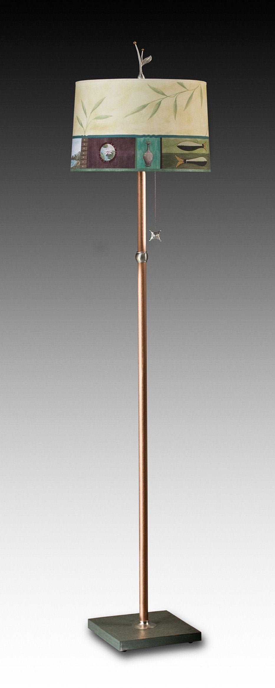 Copper Floor Lamp with Large Drum Shade in Twin Fish