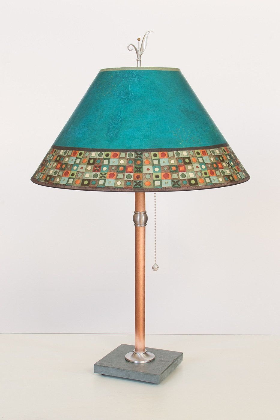 Copper Table Lamp with Large Conical Shade in Jade Mosaic