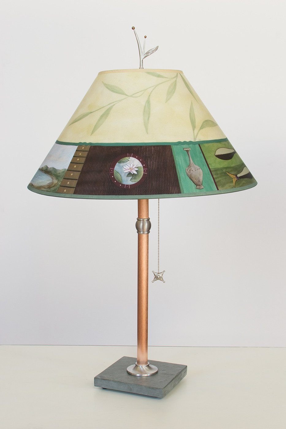 Copper Table Lamp on Vermont Slate with Large Conical Shade in Twin Fish