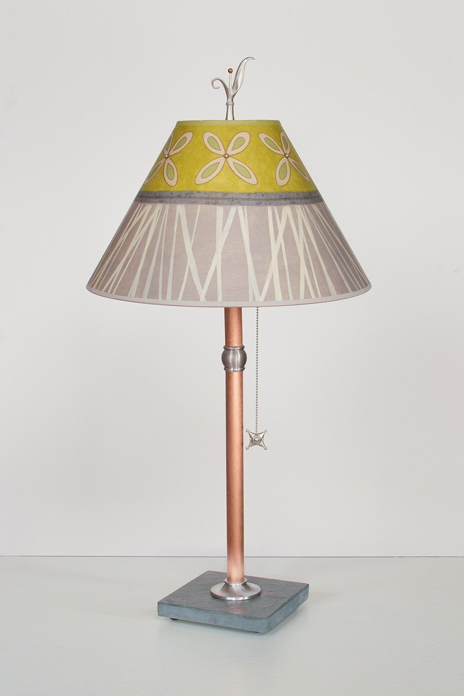 Copper Table Lamp with Medium Conical Shade in Kiwi - Lit