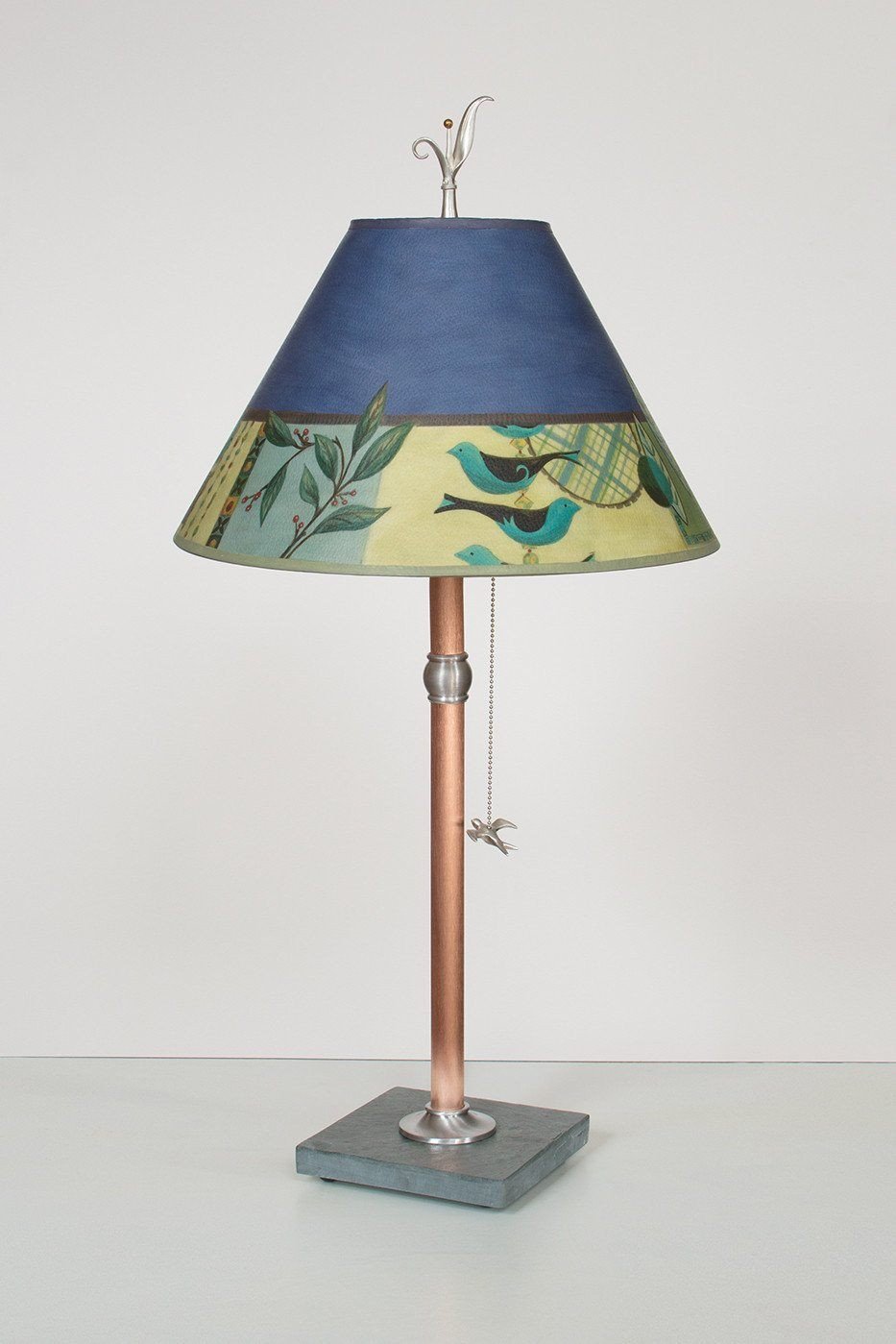 Copper Table Lamp with Medium Conical Shade in New Capri Periwinkle - Lit