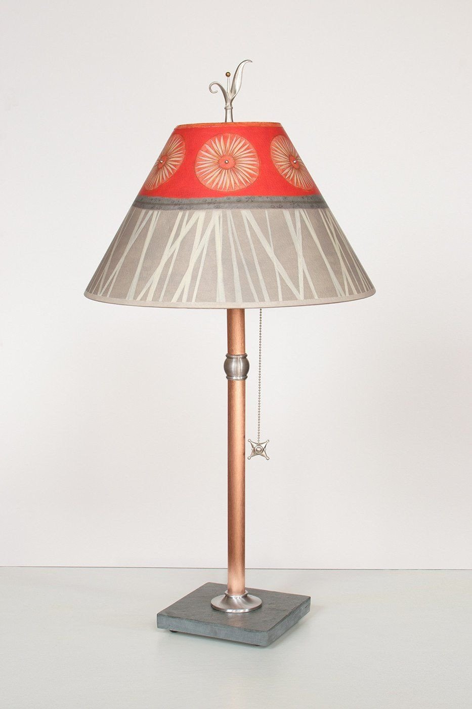 Copper Table Lamp with Medium Conical Shade in Tang - Lit