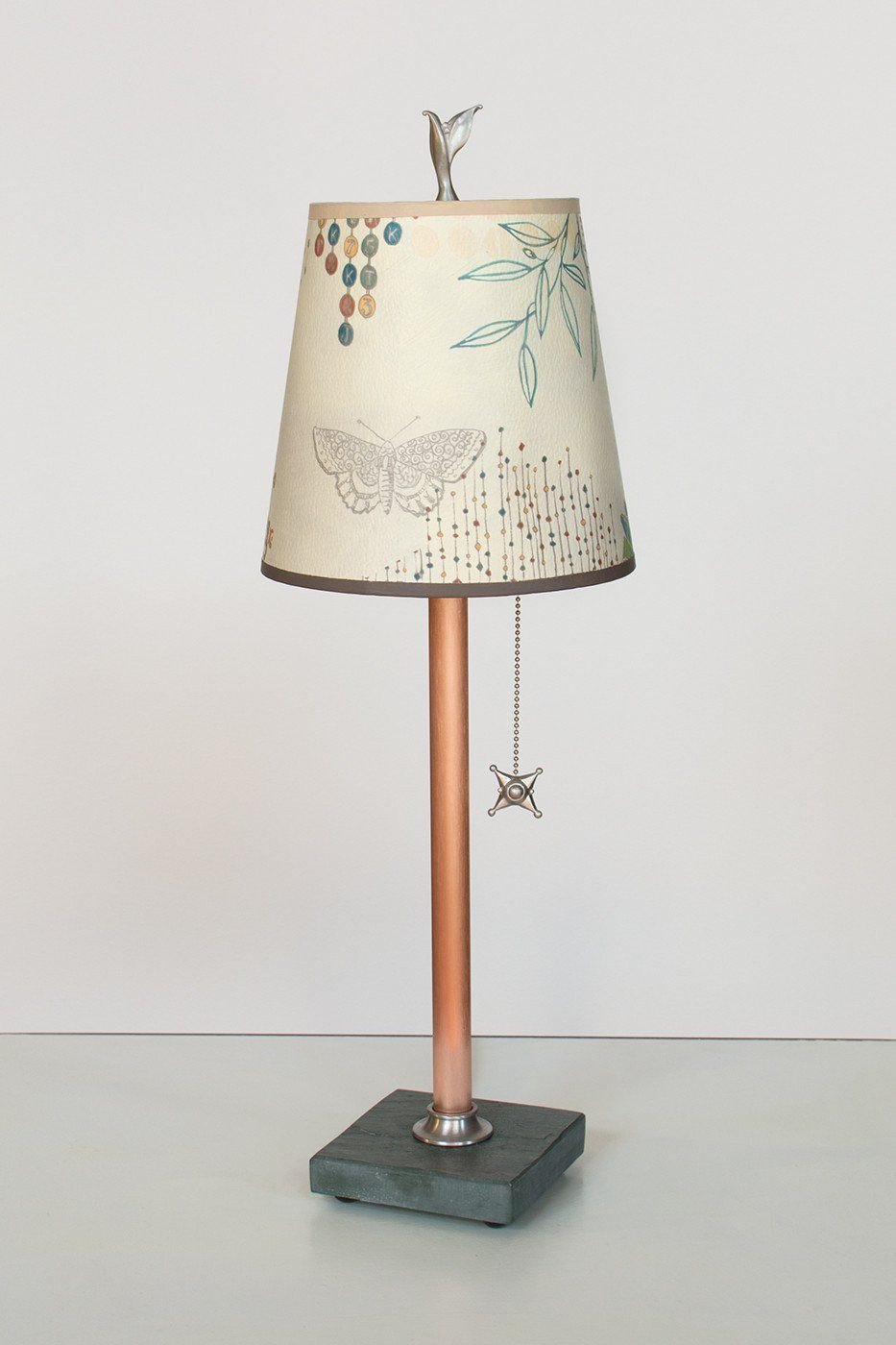 Copper Table Lamp on Vermont Slate Base with Small Drum Shade in Ecru Journey Lit