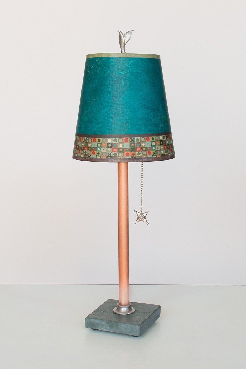 Copper Table Lamp on Vermont Slate Base with Small Drum Shade in Jade Mosaic