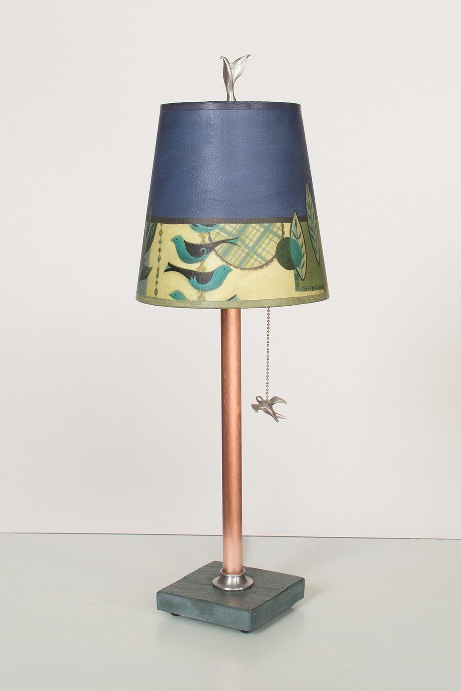 Copper Table Lamp on Vermont Slate Base with Small Drum Shade in New Capri Periwinkle Lit