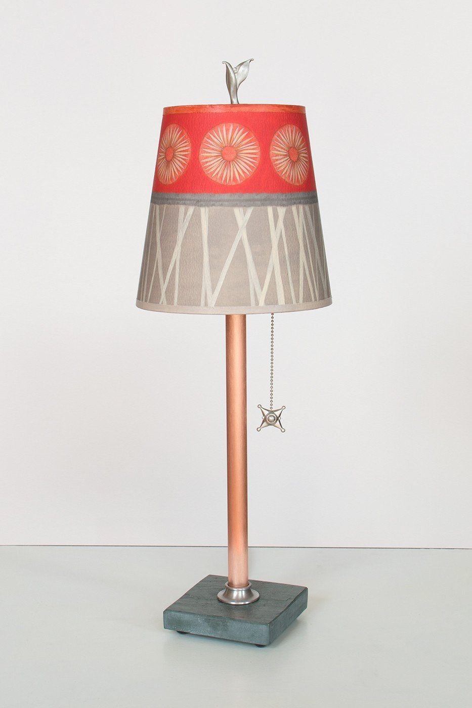 Copper Table Lamp on Vermont Slate Base with Small Drum Shade in Tang Lit