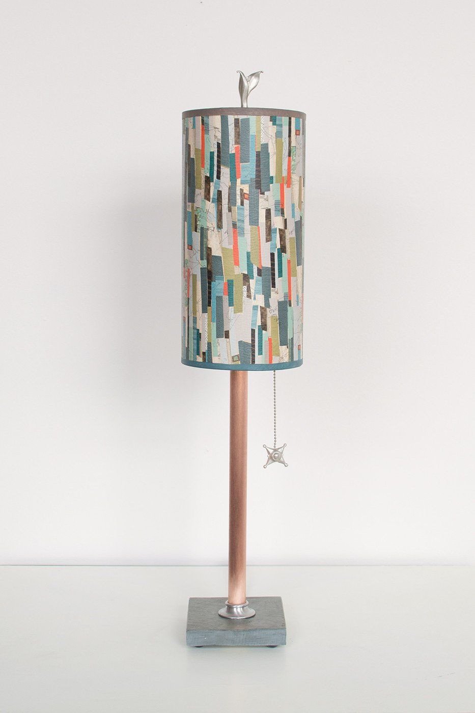 Copper Table Lamp with Small Tube Shade in Papers
