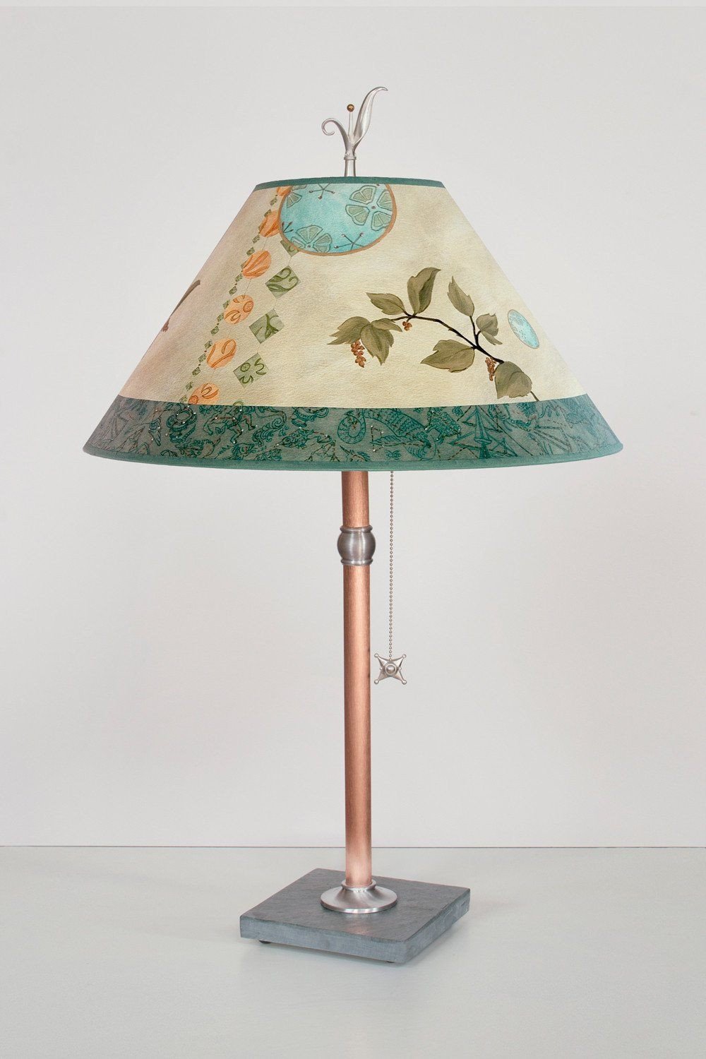 Celestial Leaf large conical copper table lamp lit