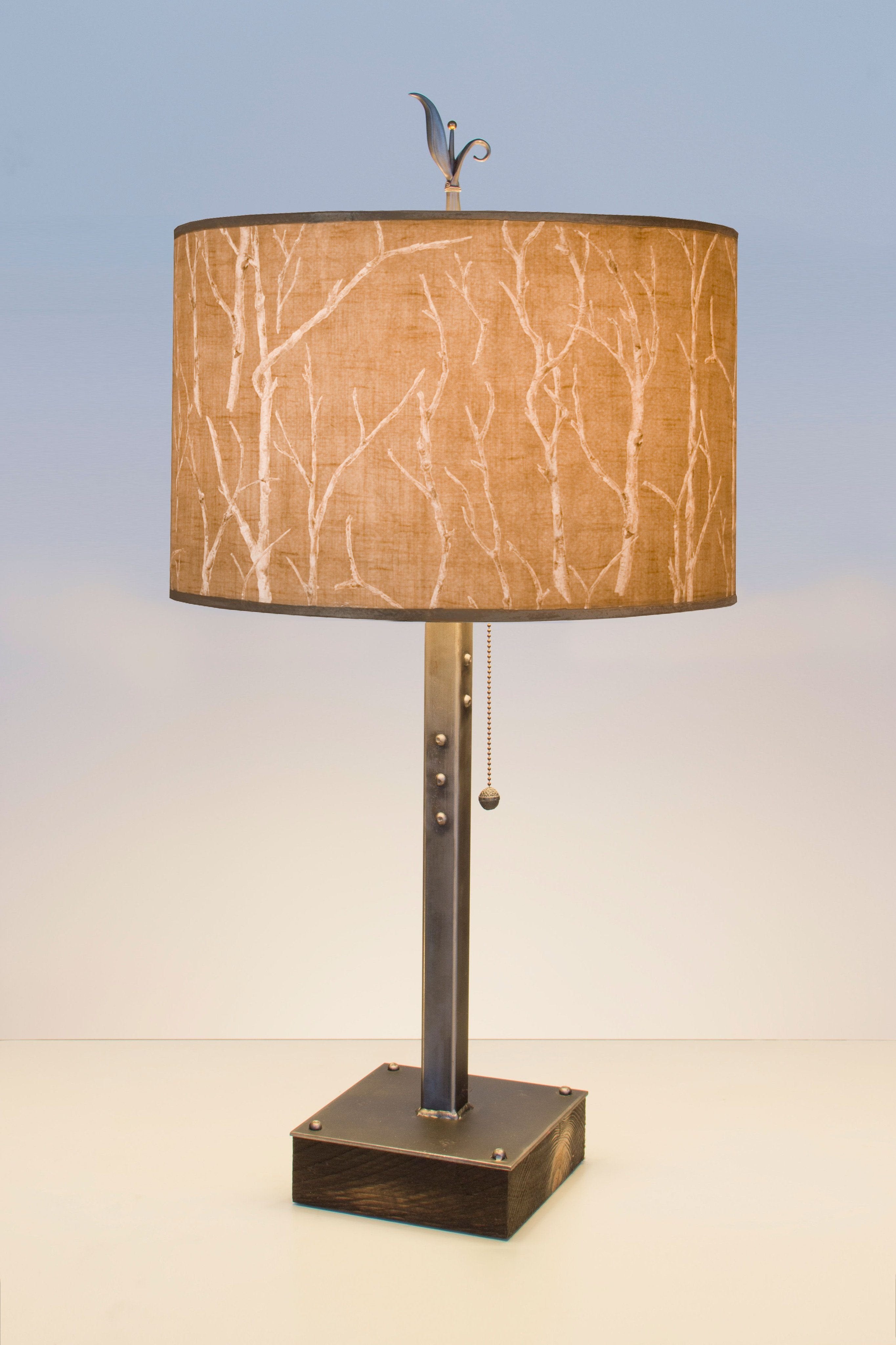 Steel Table Lamp on Wood with Large Drum Shade in Flora  Maze Janna  Ugone  Co. Wholesale
